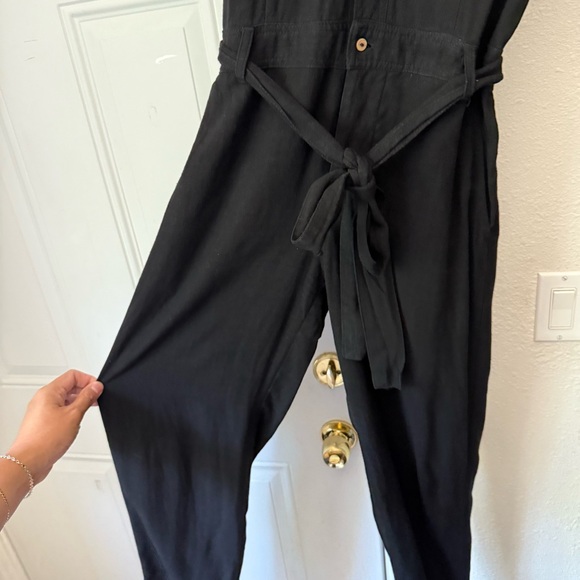 CLAUDE tulum black linen button up utility short sleeve work chore jumpsuit - Picture 5 of 8